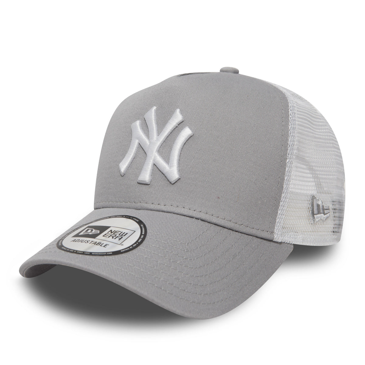 New York Yankees Clean Grey New Era A-Frame Trucker Cap, front view showing the raised white NY logo on the front panel, white mesh rear panels, a curved visor with a New Era Adjustable size sticker, and the New Era flag logo on the left side.