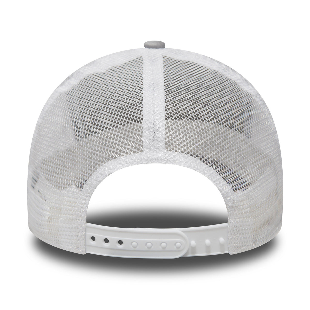 New York Yankees Clean Grey A-Frame Trucker Cap, rear view showing the adjustable plastic snap closure and grey top button against the white mesh back panels, highlighting the airy and breathable design.