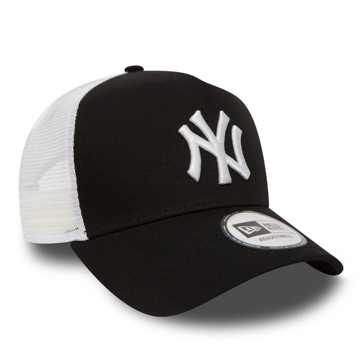 New York Yankees Clean Black A-Frame Trucker Cap, three-quarter view showing the raised white NY logo on the black front panel, a curved visor with the New Era 9FORTY size sticker, and white mesh side and back panels.