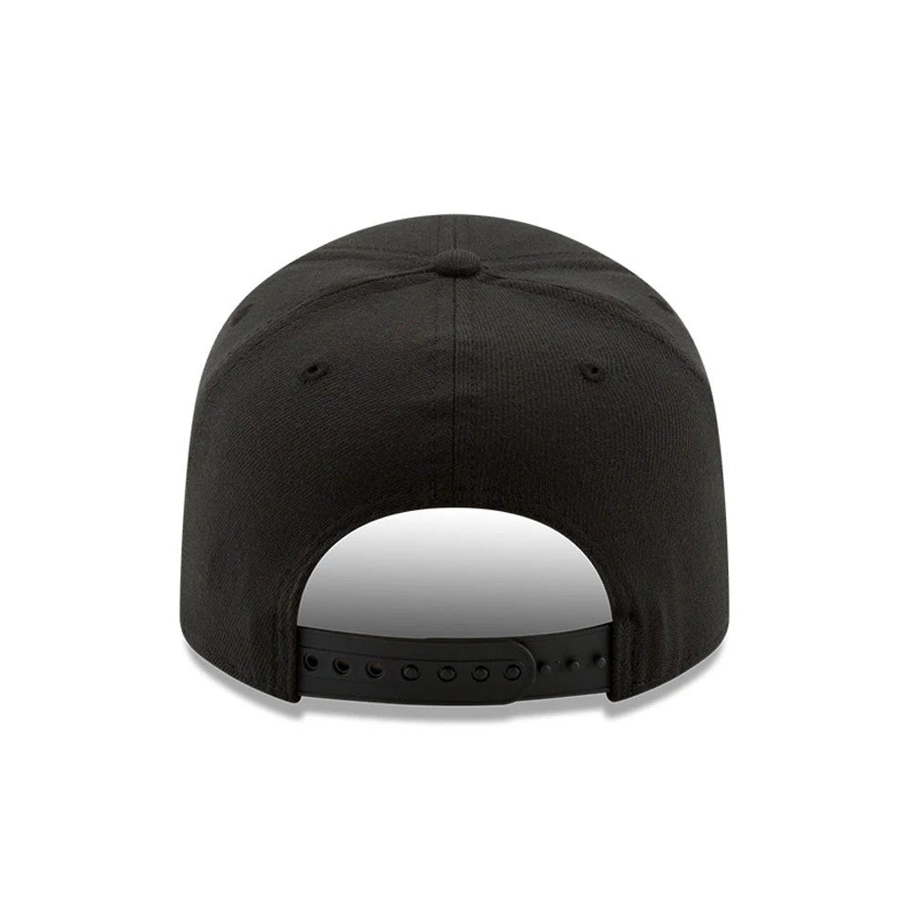 Chicago Bulls Black New Era 9FIFTY Stretch Snap Cap, rear view showing the structured black crown with a stretch-fit design and an adjustable snapback closure, highlighting the simplicity and style of the cap's back profile.
