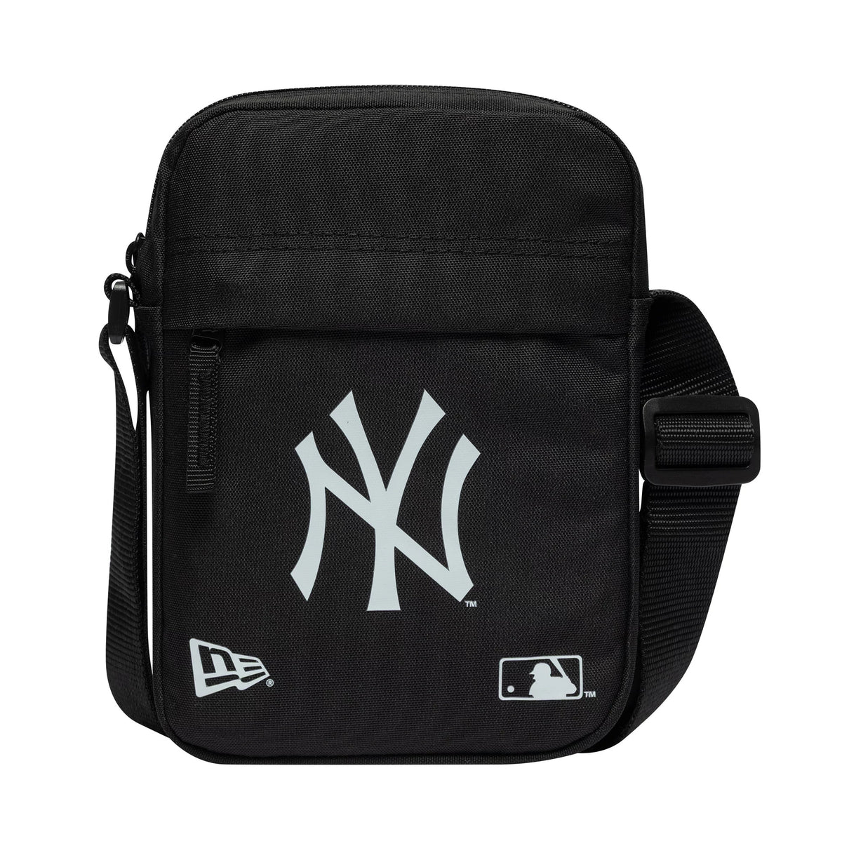 New York Yankees Black Side Bag, front view showing a large white debossed New York Yankees logo centred on the black fabric, a debossed New Era logo on the lower left, and the MLB logo on the lower right, with an adjustable black strap.