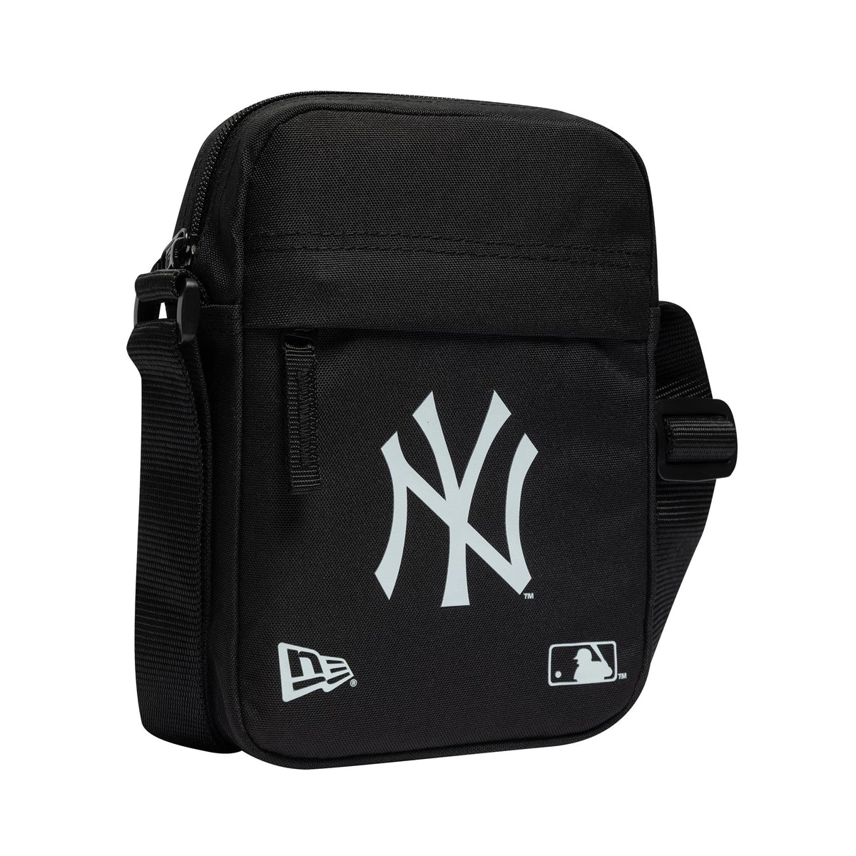 New York Yankees Black Side Bag, three-quarter view showing the large white New York Yankees logo on the front, with a zipped main compartment at the top and a raised New Era logo near the lower edge.