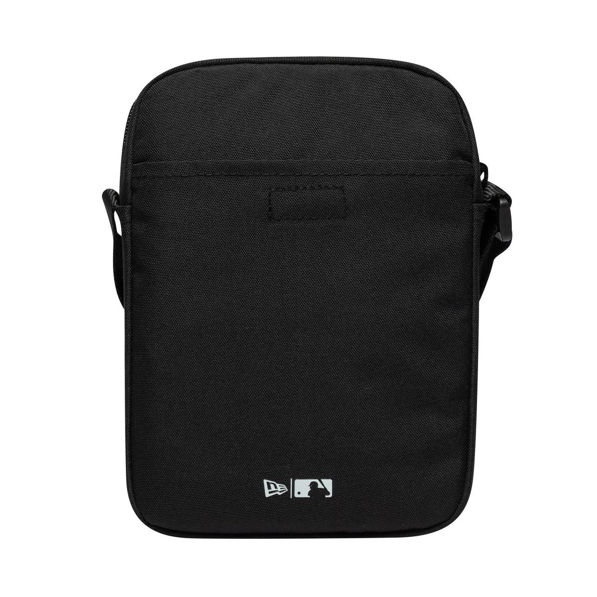 New Era New York Yankees Black Side Bag, front view showing the rectangular black shape with a debossed New Era logo and MLB logo centred near the base, a top zip closure, and a crossbody strap connecting to the sides.