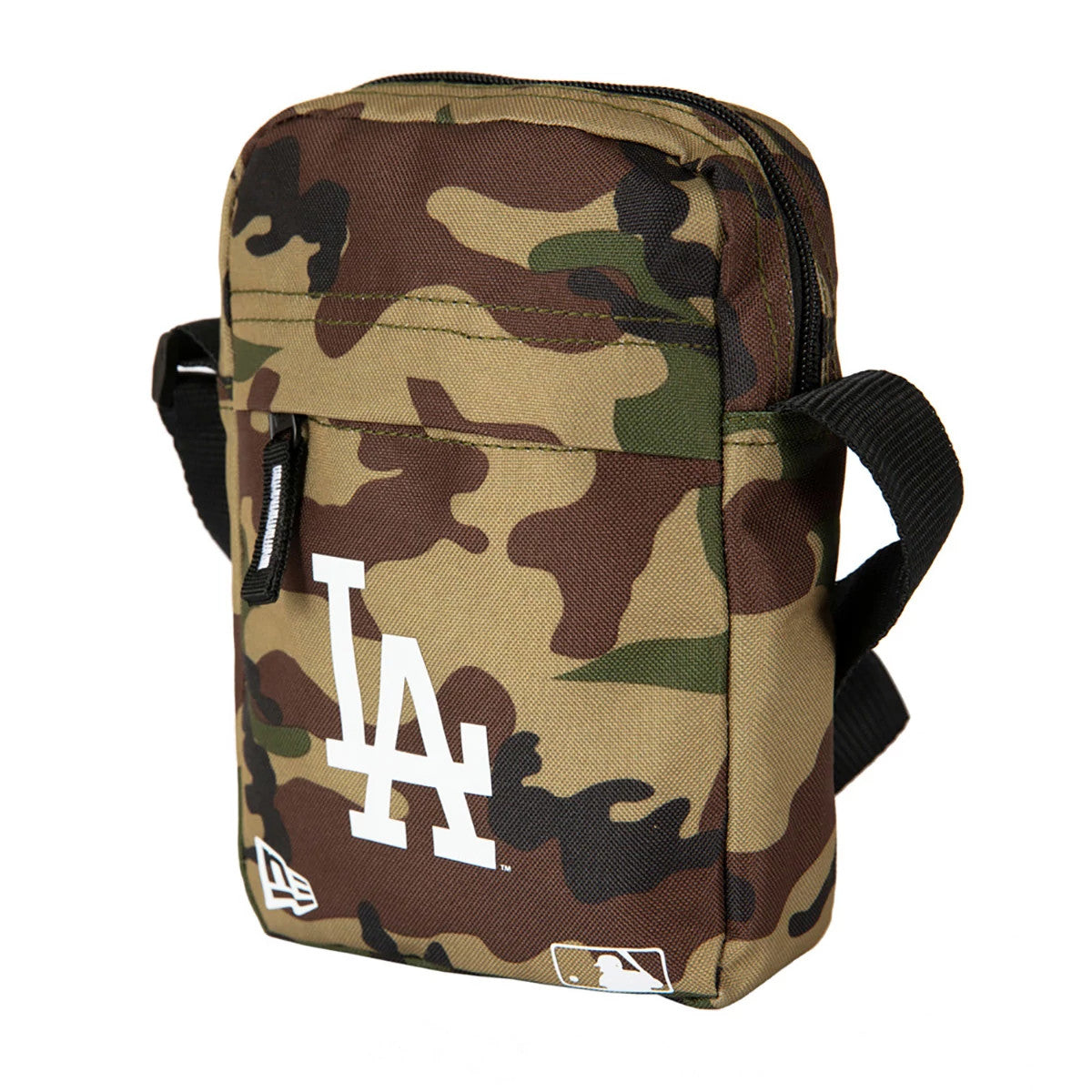LA Dodgers Woodland Camo Side Bag, three-quarter view showing the camouflage pattern with a bold white LA logo on the front, a debossed New Era logo on the lower corner, and a black shoulder strap attached to the sides.