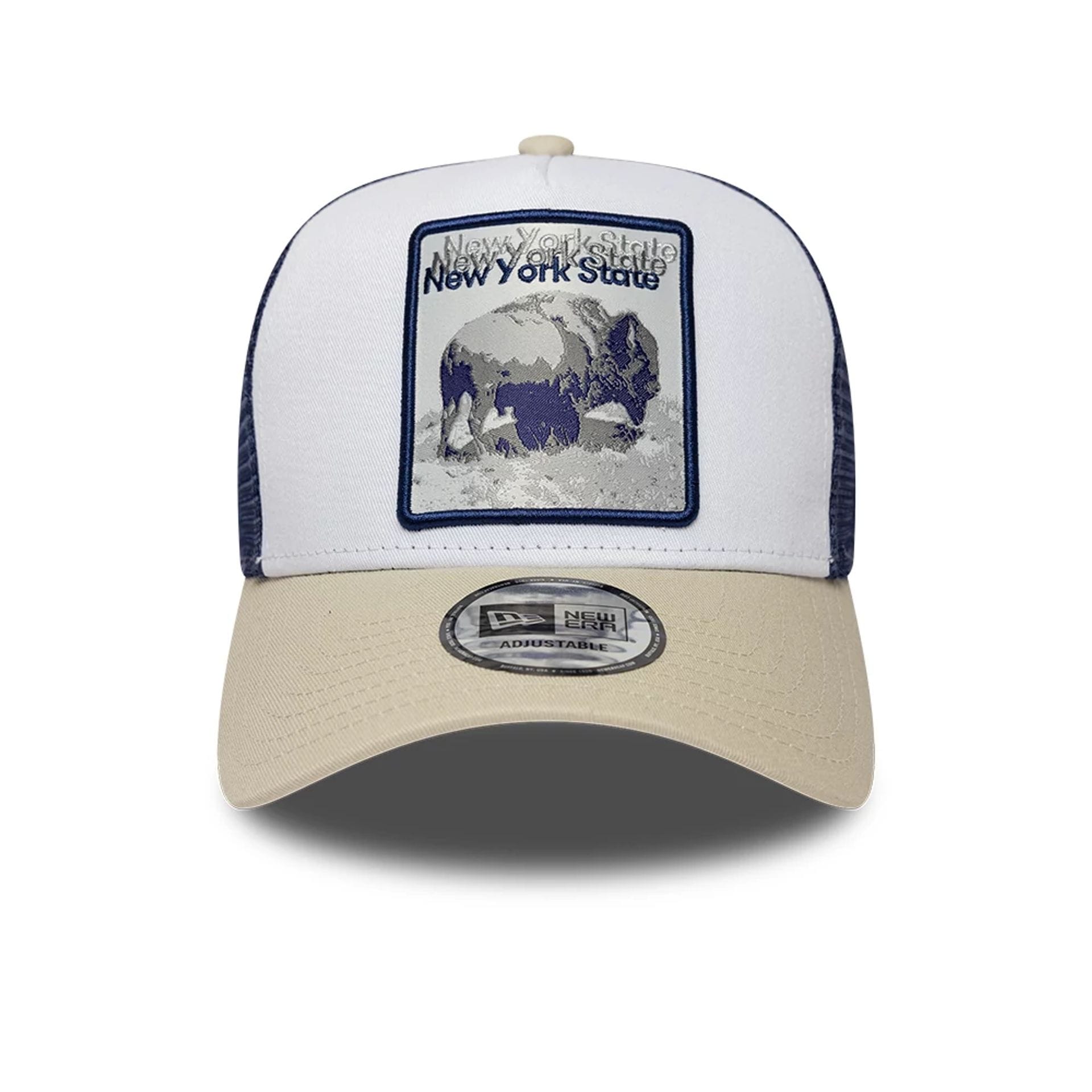 Pictured is this New Era New York State Bison 9FORTY A-Frame Trucker Adjustable cap in white. 2