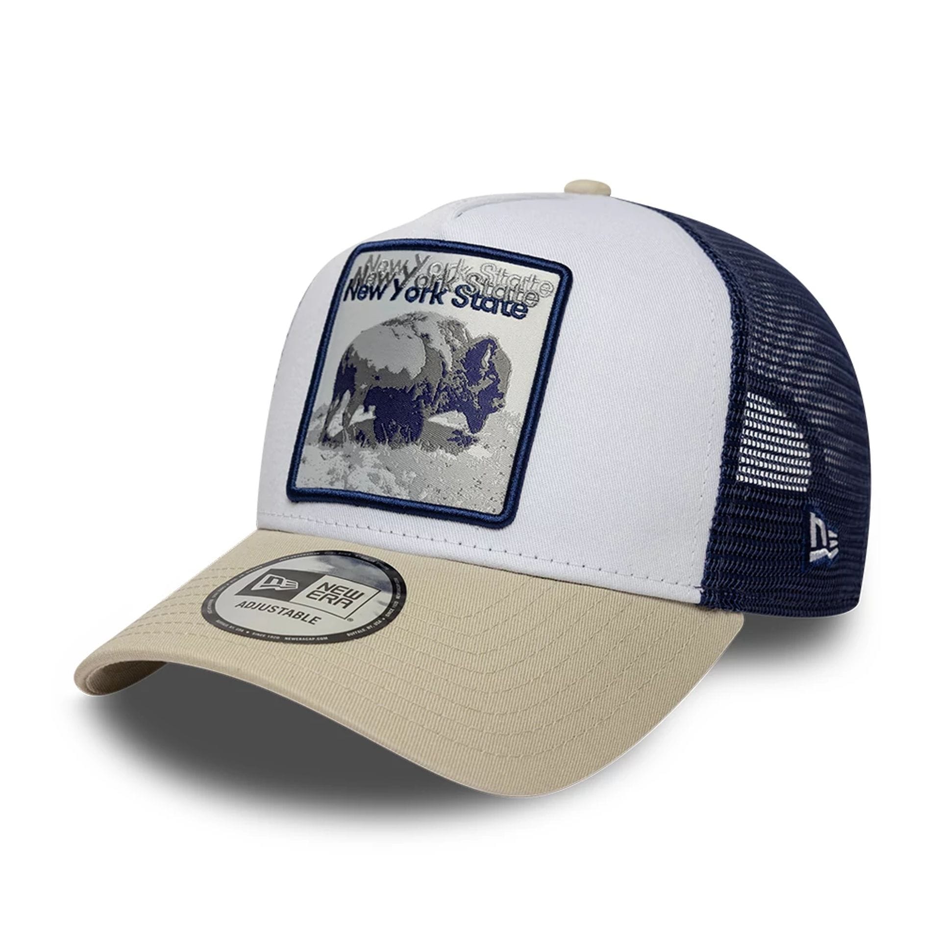 Pictured is this New Era New York State Bison 9FORTY A-Frame Trucker Adjustable cap in white. 1