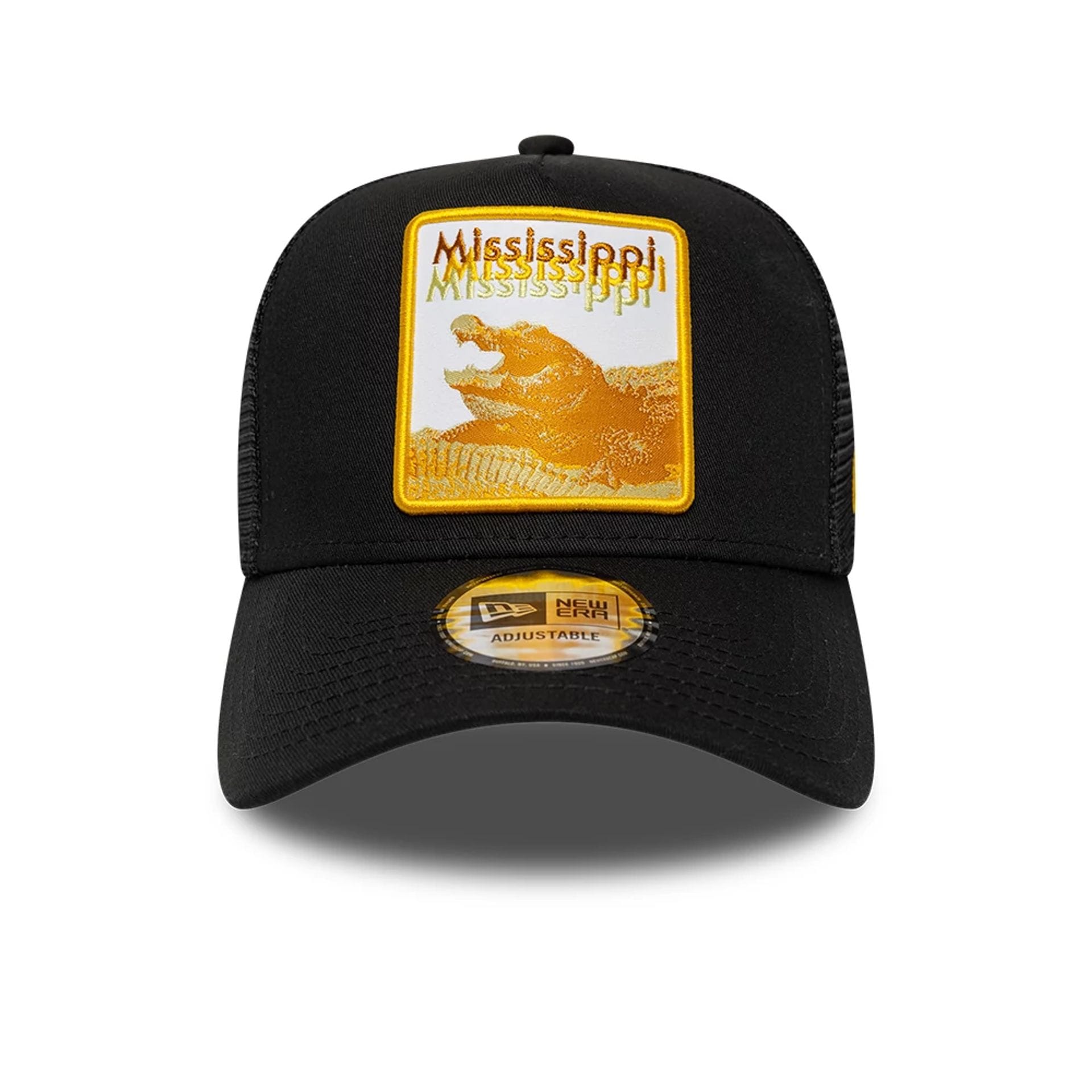 Pictured is this New Era Mississippi Gator 9FORTY A-Frame Trucker Adjustable cap in black. 2