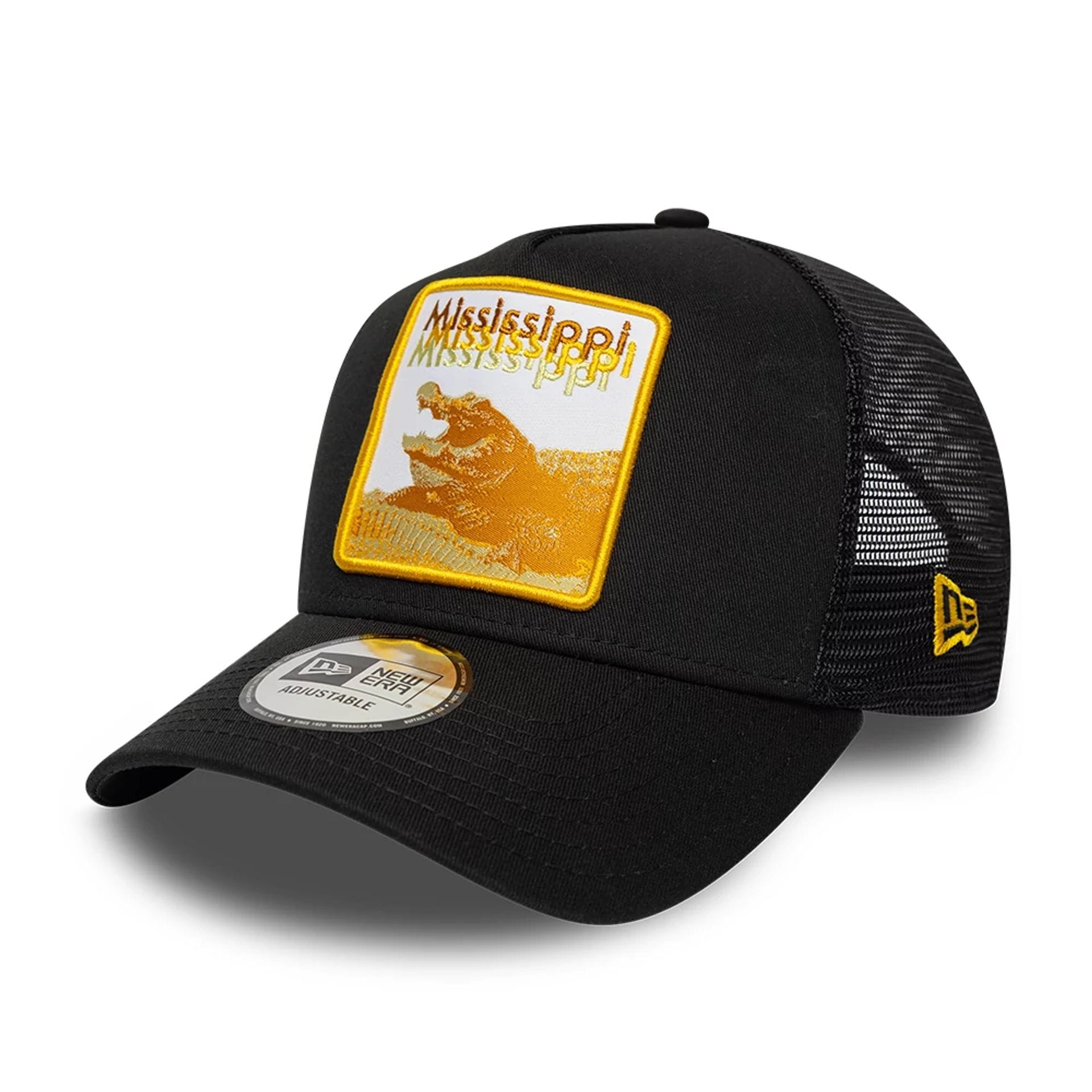 Pictured is this New Era Mississippi Gator 9FORTY A-Frame Trucker Adjustable cap in black. 1