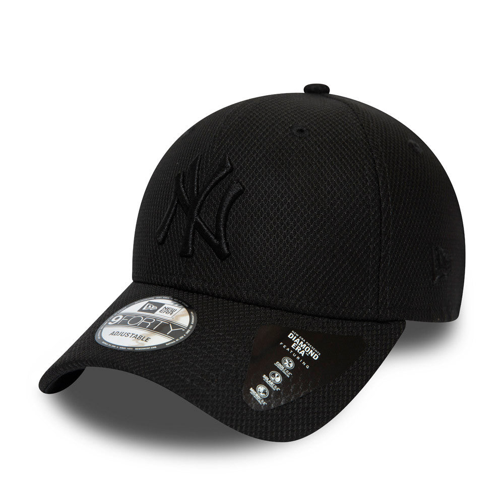 New York Yankees Diamond Era Black New Era 9FORTY Cap, three-quarter view showing the black raised embroidered NY logo on the front panel, curved visor with 9FORTY size sticker and New Era flag logo on the left side.