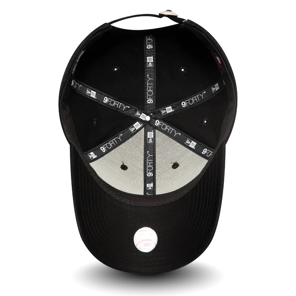 LA Dodgers Essential Black on Black New Era 9FORTY Cap, inside view showing black 9FORTY taping across the crown seams, a grey undervisor, and a baseball-patterned sticker on the underside of the visor.