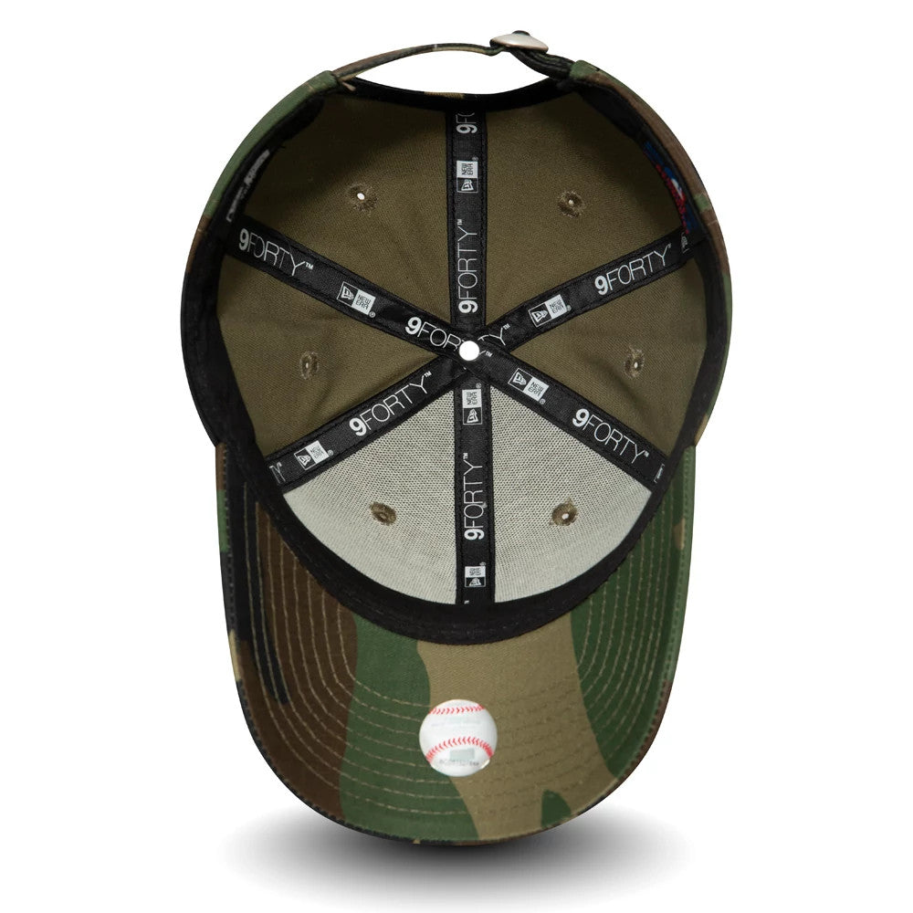 New York Yankees Essential Kids Camo New Era 9FORTY Cap, inside view showing black 9FORTY taping across the panels, a grey undervisor, and a small baseball design printed on the underside of the camouflage visor.