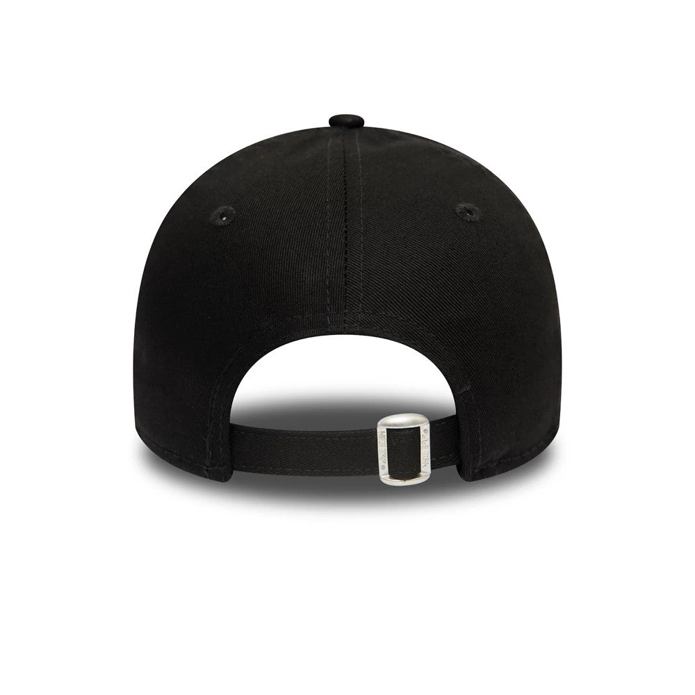 New York Yankees Essential Kids Black On Black New Era 9FORTY Cap, rear view with black adjustable strap and silver buckle, showing the black top button and embroidered eyelets on the black crown.
