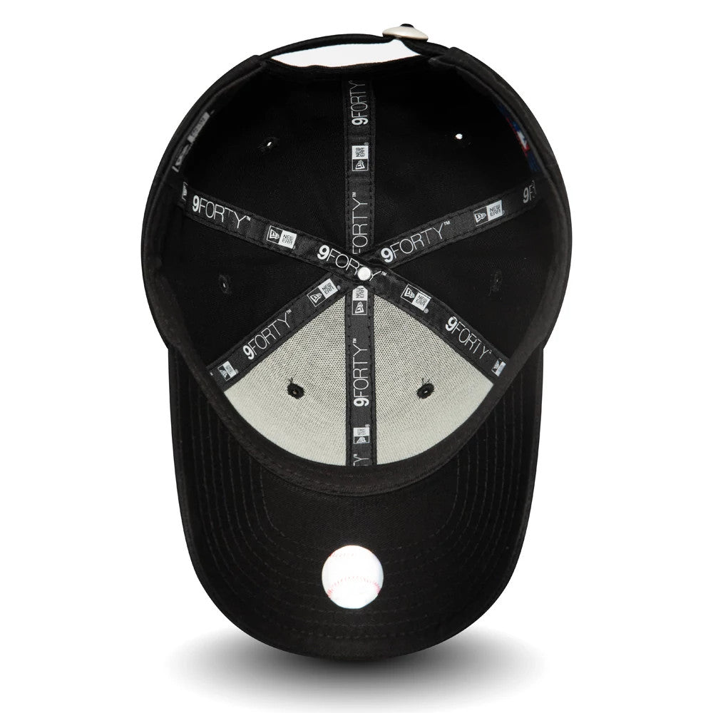 New York Yankees Essential Kids Black On Black New Era 9FORTY Cap, inside view showing black sweatband, grey undervisor, and branded taping with 9FORTY and New Era logos along the inner seams.