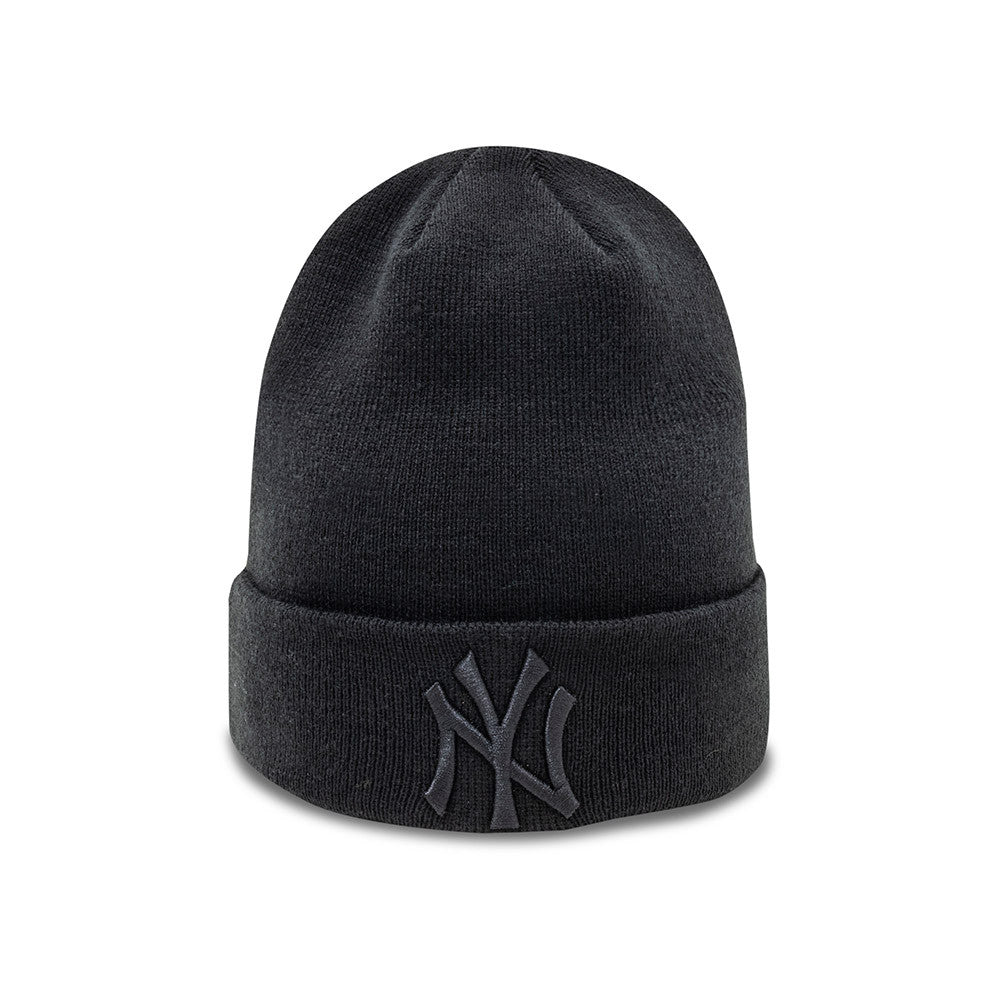 New Era New York Yankees Essential All Black Cuff Beanie Hat, front view showing raised black embroidered NY logo on the cuff, with a seamless rounded crown design in solid black.