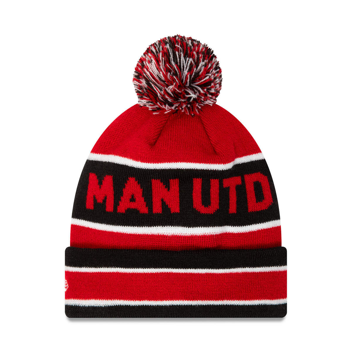 Manchester United Striped Red Multi Bobble Beanie Hat, front view showing red MAN UTD lettering on a black stripe, with white lines above and below, topped by a red, black and white bobble.