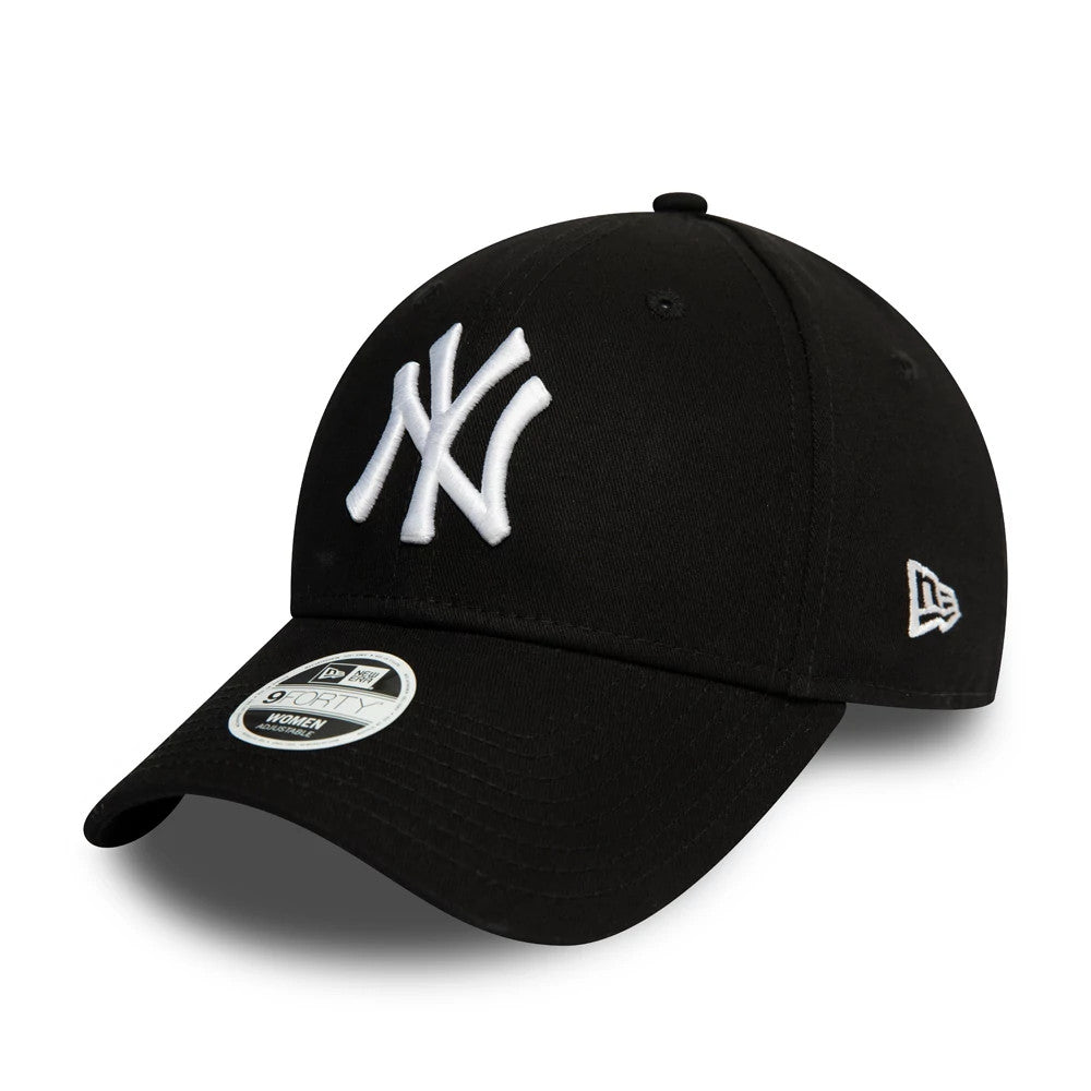 New York Yankees Essential Womens Black New Era 9FORTY Cap, front view showing raised white embroidered NY logo on the structured crown, pre-curved visor with a 9FORTY size sticker, and embroidered New Era flag logo on the left side.