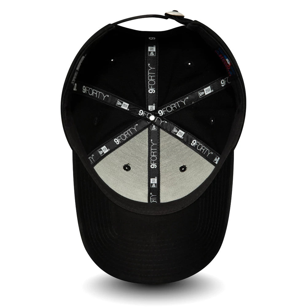 New York Yankees Essential Womens Black New Era 9FORTY Cap, inside view showing black and grey New Era and 9FORTY branded taping across the interior seams and a light grey undervisor.