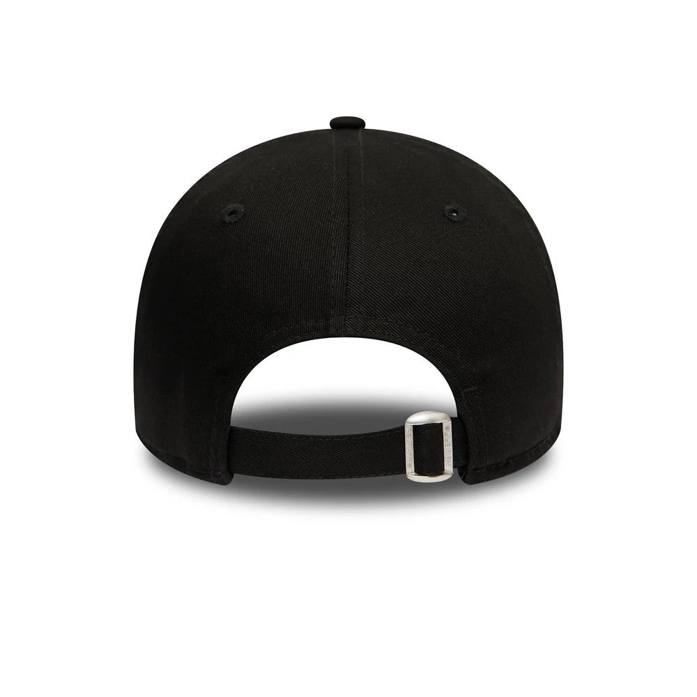 New York Yankees Essential Womens All Black New Era 9FORTY Cap, rear view showing the adjustable strap and metal buckle on the black crown, with a centred top button and subtle panel eyelets.