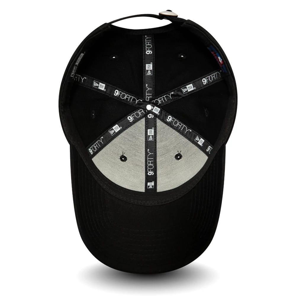 New York Yankees Essential Womens All Black New Era 9FORTY Cap, inside view showing black taping with a white 9FORTY logo, grey undervisor, a sewn sweatband, eyelets, and an MLB label under the rear strap.