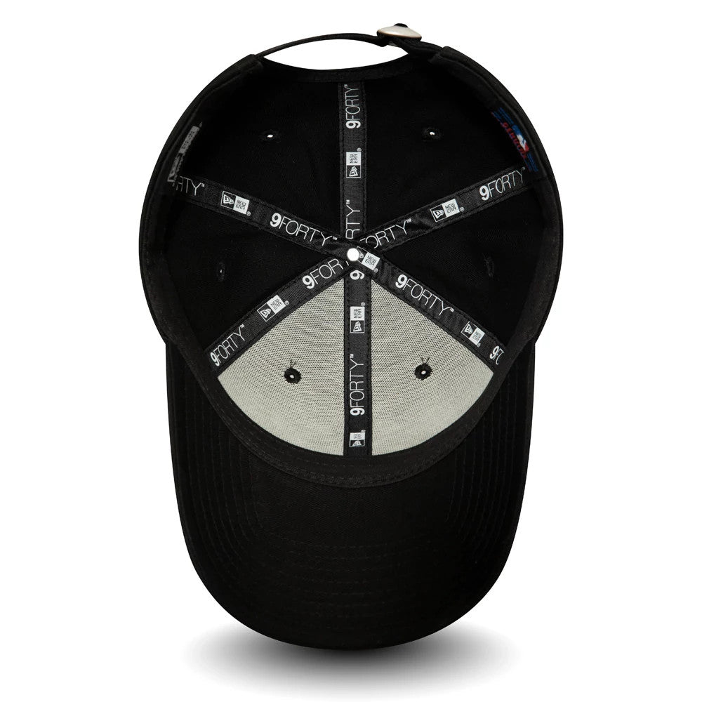 New York Yankees Essential Womens All Black New Era 9FORTY Cap, inside view showing black taping with a white 9FORTY logo, grey undervisor, a sewn sweatband, eyelets, and an MLB label under the rear strap.