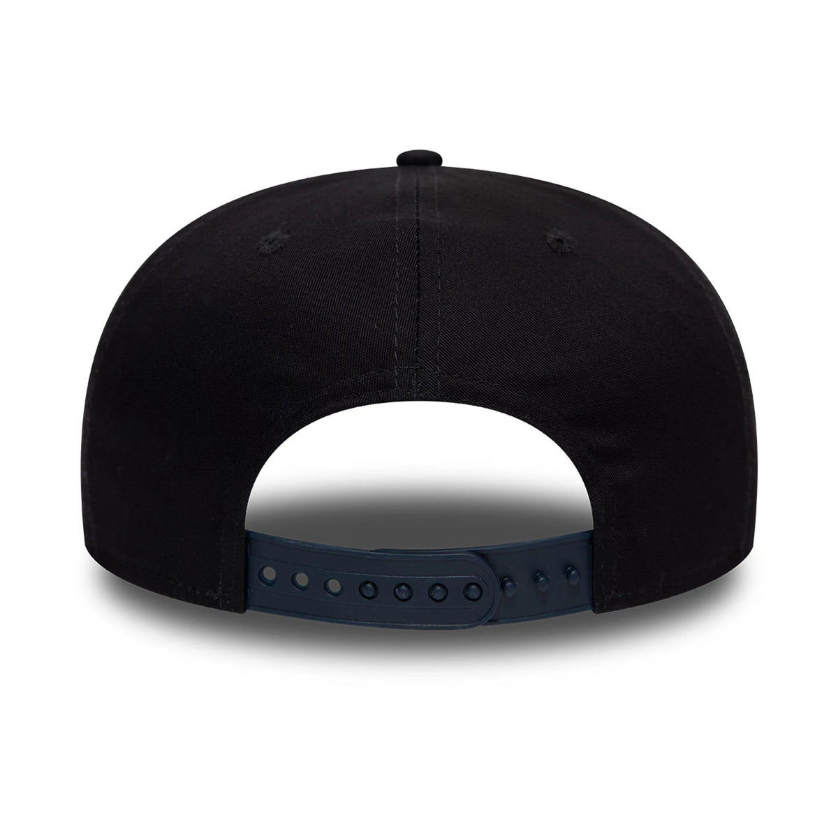 New York Yankees Navy New Era 9FIFTY Stretch Snap Cap, rear view showing the adjustable navy snap closure on the back panel and centred panel seam, with a structured navy crown and top button.