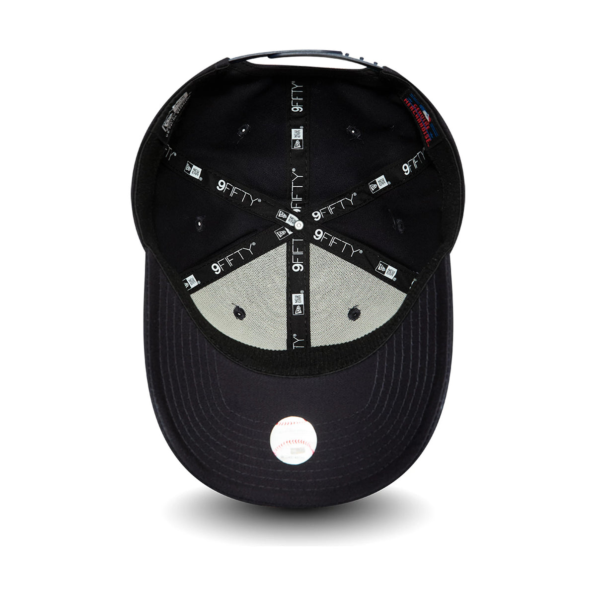 New York Yankees Navy New Era 9FIFTY Stretch Snap Cap, inside view showing black taping with white 9FIFTY branding, contrasting grey undervisor, MLB logo sticker on top of the visor, and black sweatband.
