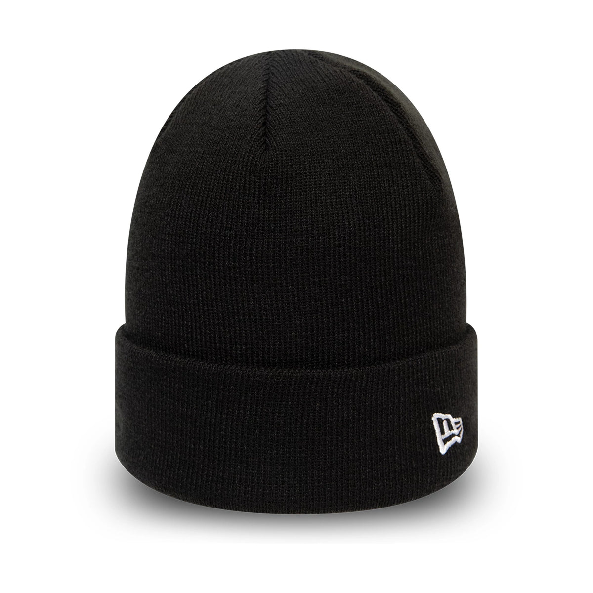 New Era Essential Black Cuff Beanie Hat, front view with the embroidered white New Era flag logo on the left side of the cuff, showcasing a simple and clean black knit design with a folded edge.