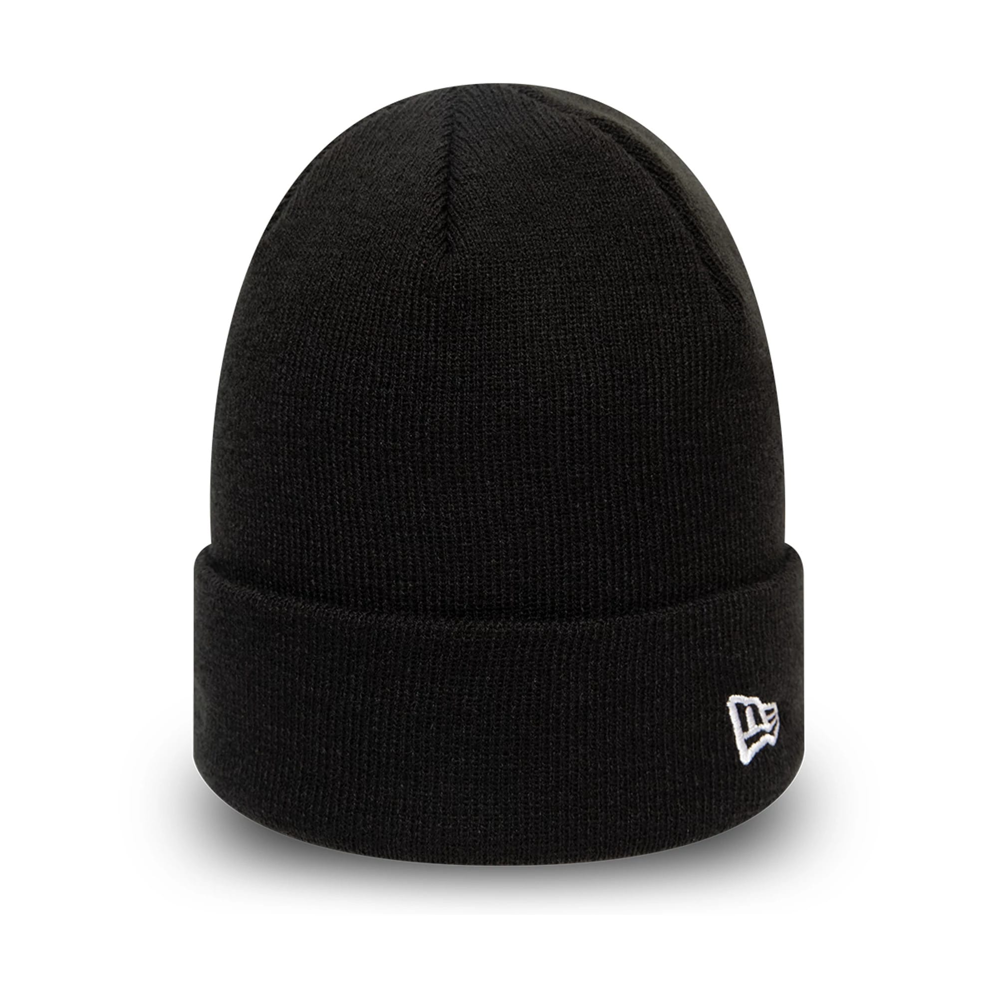 New Era Essential Black Cuff Beanie Hat, front view with the embroidered white New Era flag logo on the left side of the cuff, showcasing a simple and clean black knit design with a folded edge.