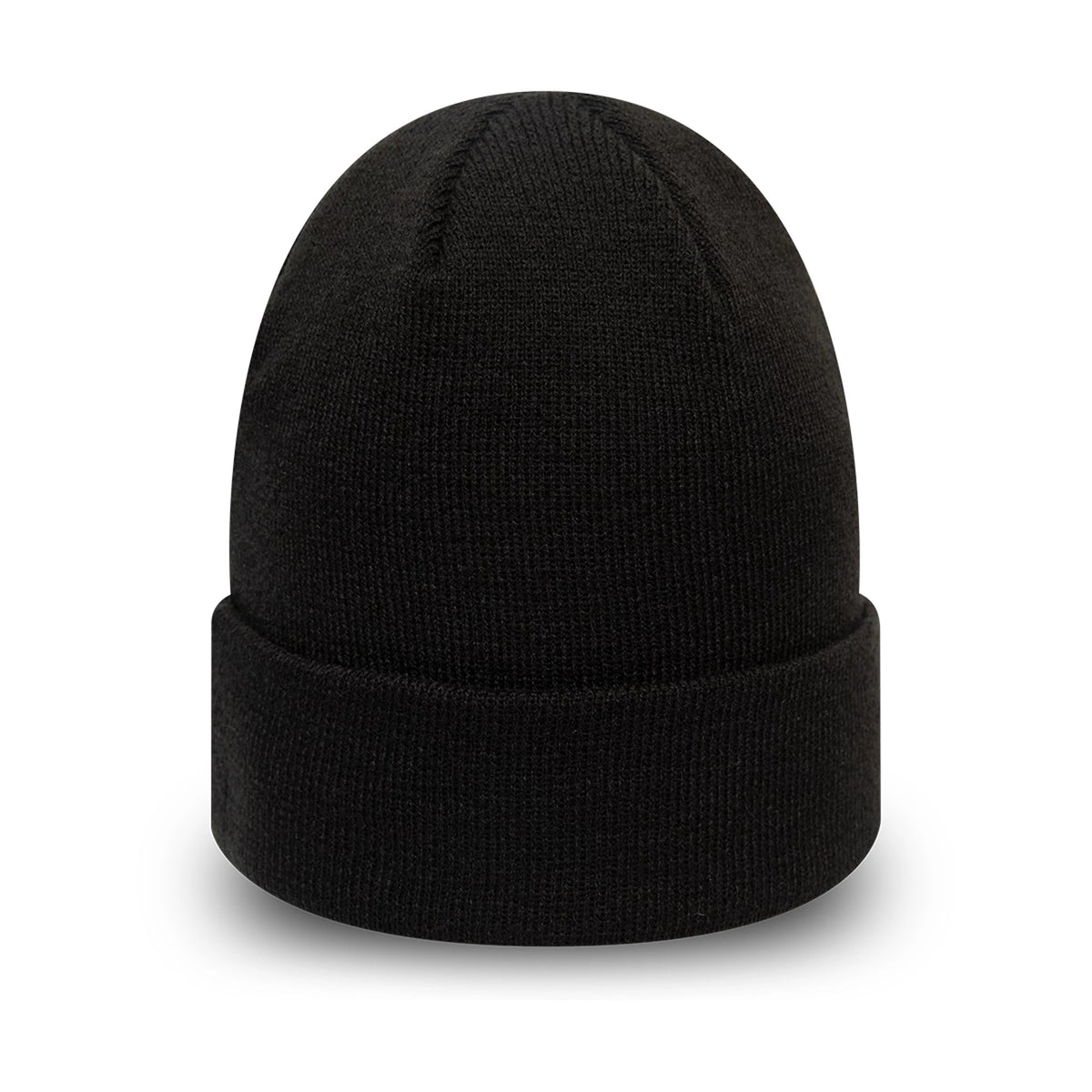 New Era Essential Black Cuff Beanie Hat, front view showing the plain black ribbed cuff and seamless crown construction, creating a simple yet stylish silhouette perfect for colder weather.