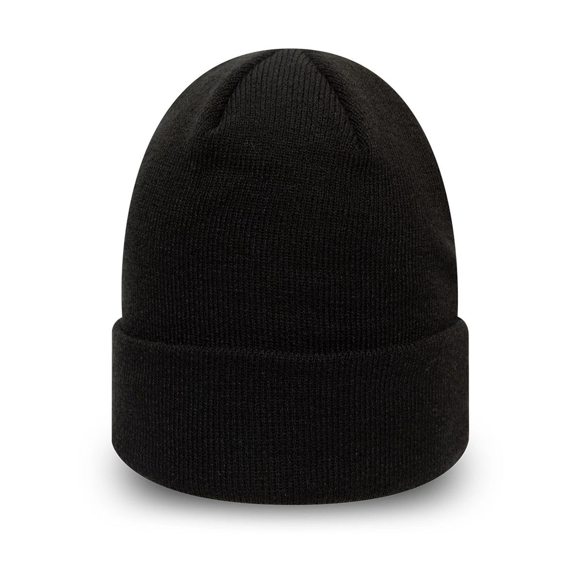 New Era Essential Black Cuff Beanie Hat, front view showing the turned-up cuff and ribbed texture of the hat, with no visible logos or additional detailing, creating a minimalist and versatile appearance.