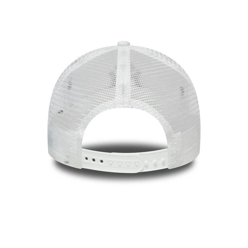 New York Yankees White A-Frame Trucker Cap, rear view showing a curved white mesh back and an adjustable snap closure, highlighting the structured fit and breathable design without additional logos.