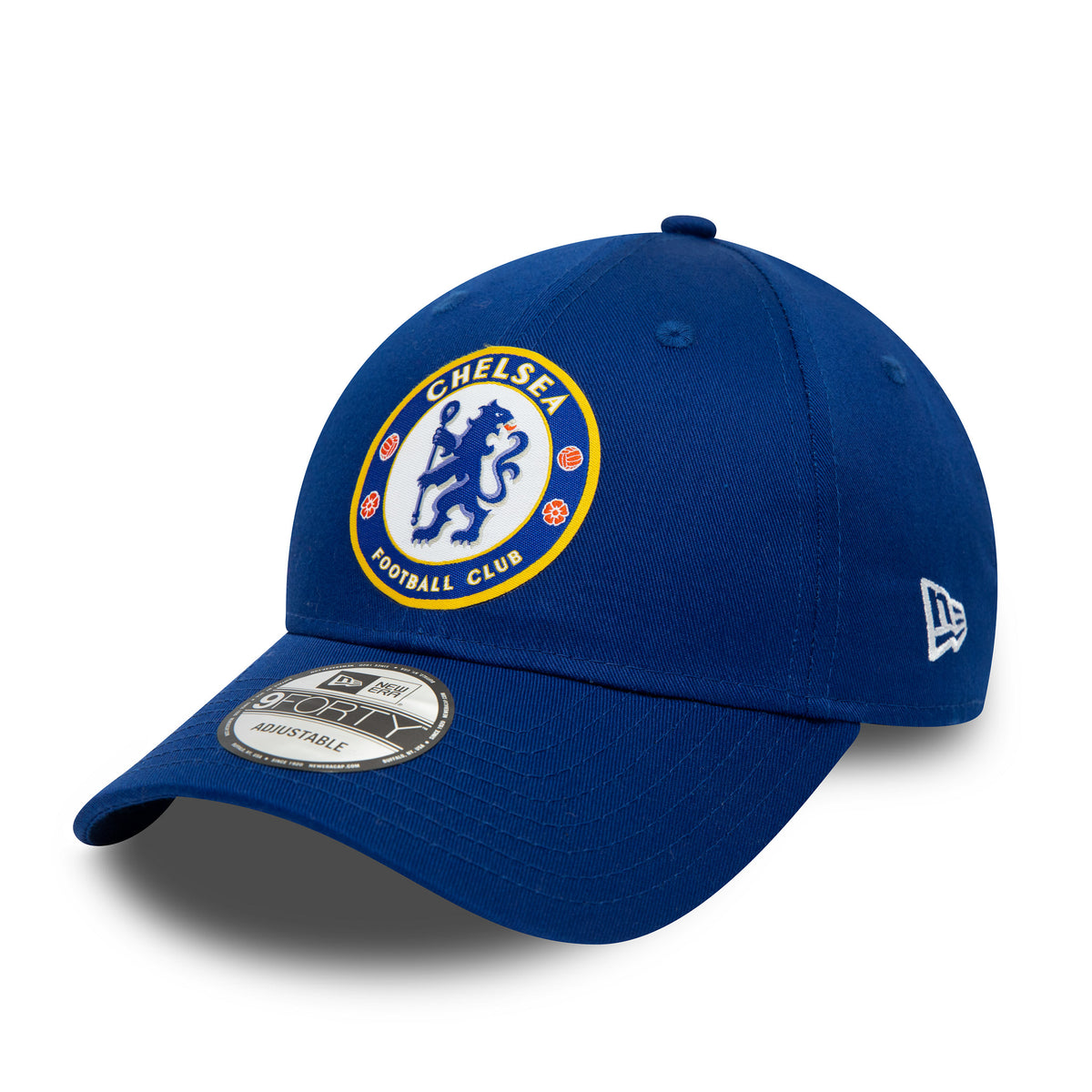 Chelsea FC Blue New Era 9FORTY Adjustable Cap, front view showing a large embroidered Chelsea logo on the structured blue crown, with a curved blue visor and 9FORTY size sticker; New Era flag logo on the left side.