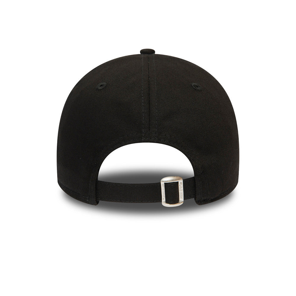 New York Yankees Essential Logo Black New Era 9FORTY Cap, rear view showing an open back design with an adjustable strap and metal buckle, complemented by a structured black crown and matching top button.