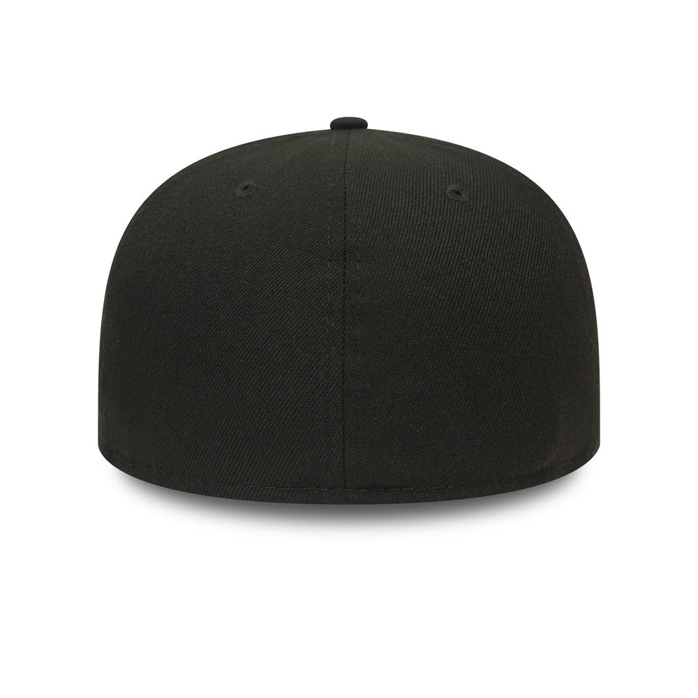 New Era Blank Essential Black New Era 59FIFTY Fitted Cap, rear view with clean black back panel design and a structured crown, highlighting the cap's seamless, sleek look without any rear logo.