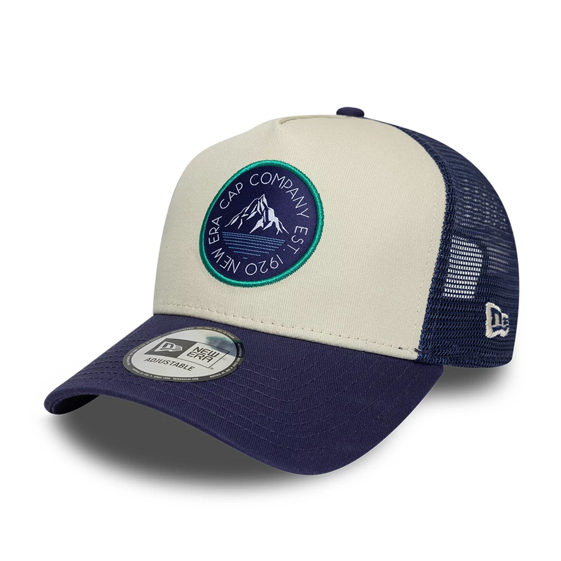 Pictured is this New Era Outdoor Washed 9FORTY A-Frame Trucker Adjustable cap in Navy. 1