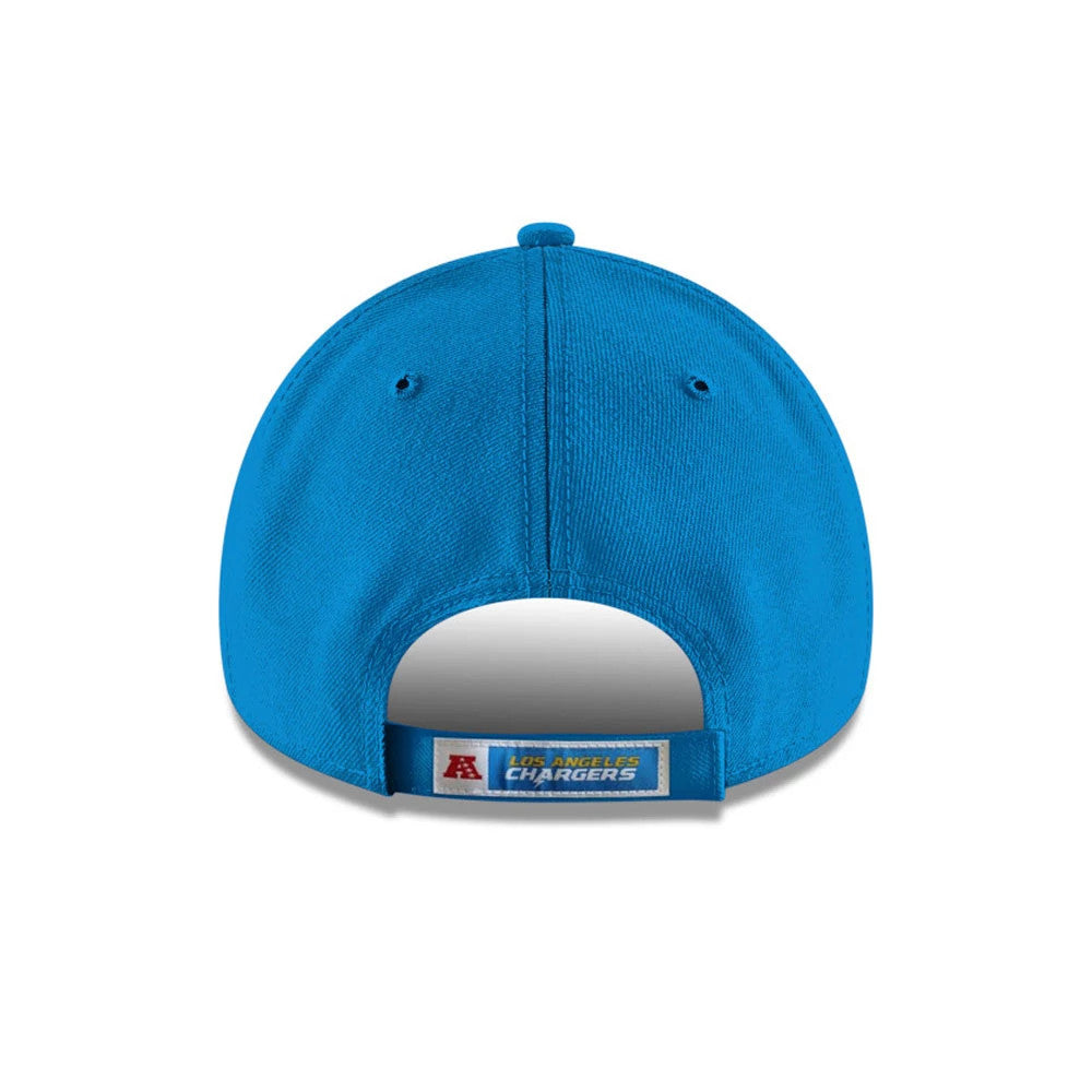LA Chargers Blue New Era 9FORTY Cap, rear view showing an adjustable strap with a Los Angeles Chargers label and an AFC logo, centred on the structured blue crown with matching eyelets.