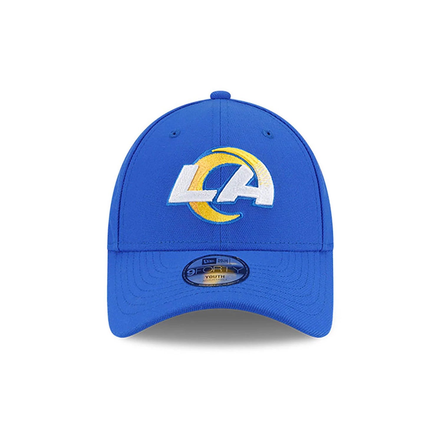 LA Rams Youth The League Blue New Era 9FORTY Adjustable Cap, front view showing the raised white and yellow LA logo embroidered on the front panel, with a 9FORTY size sticker on the curved blue visor.