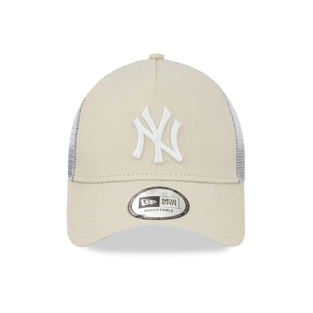 New York Yankees Stone New Era A-Frame Trucker Cap, front view showing the white raised embroidered NY logo on the structured crown and the New Era 9FORTY size sticker on the stone visor.