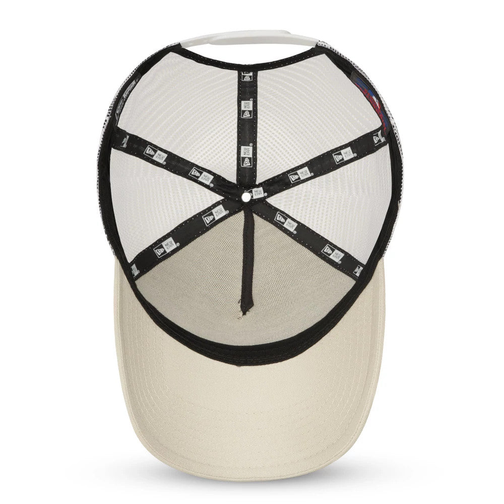 New York Yankees Stone A-Frame Trucker Cap, inside view showing the black taping with New Era logos, a white sweatband, and a beige undervisor, with the structured crown featuring a top button.
