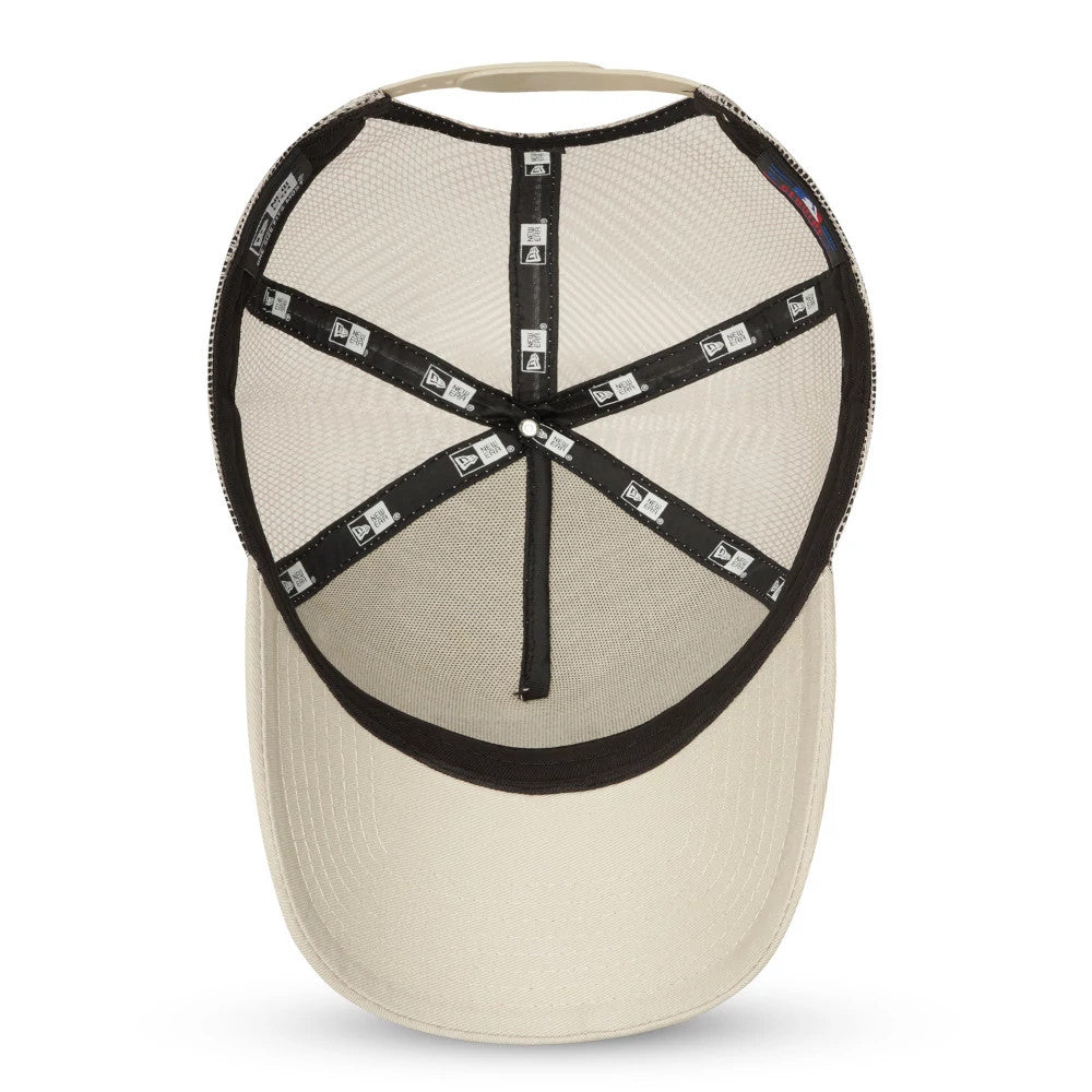 New Era Patch Stone A-Frame Trucker Cap, inside view showing black branded taping, white sweatband and dark mesh panels on the under-visor, highlighting the construction and interior labelling details.