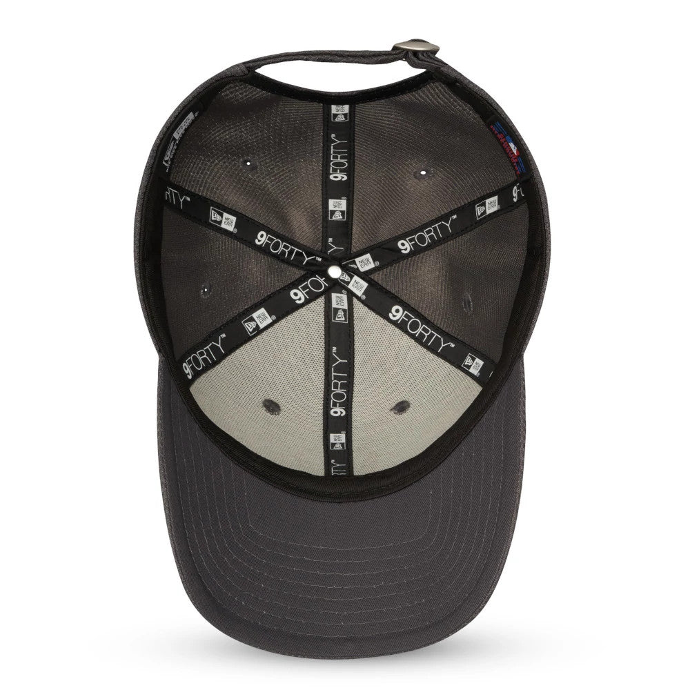 New York Yankees Grey New Era 9FORTY Cap, inside view showing black taping with white 9FORTY branding and an adjustable strap at the back, with a grey undervisor and embroidered eyelets on the crown.