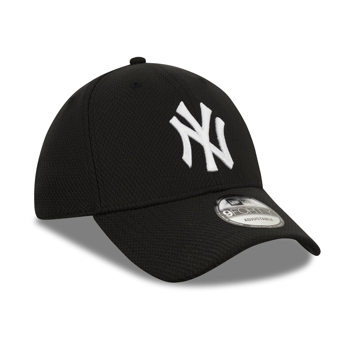 New York Yankees Black New Era 9FORTY Cap, three-quarter view showing the raised white embroidered NY logo on the front panel, curved visor with 9FORTY size sticker, and structured black crown with top button.