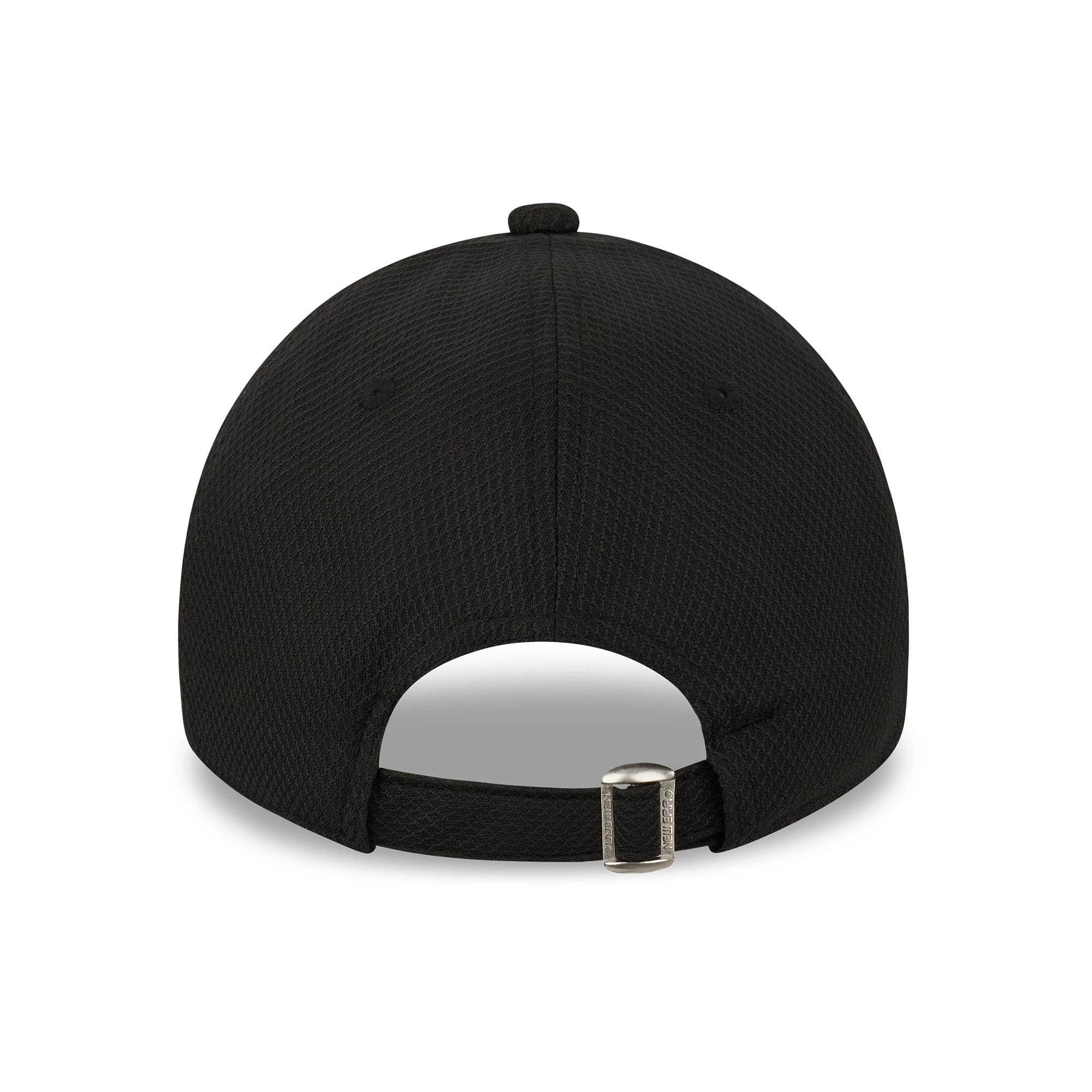 New York Yankees Black New Era 9FORTY Cap, rear view showing the adjustable strap with a silver buckle and a structured black crown with embroidered eyelets and a centred top button.
