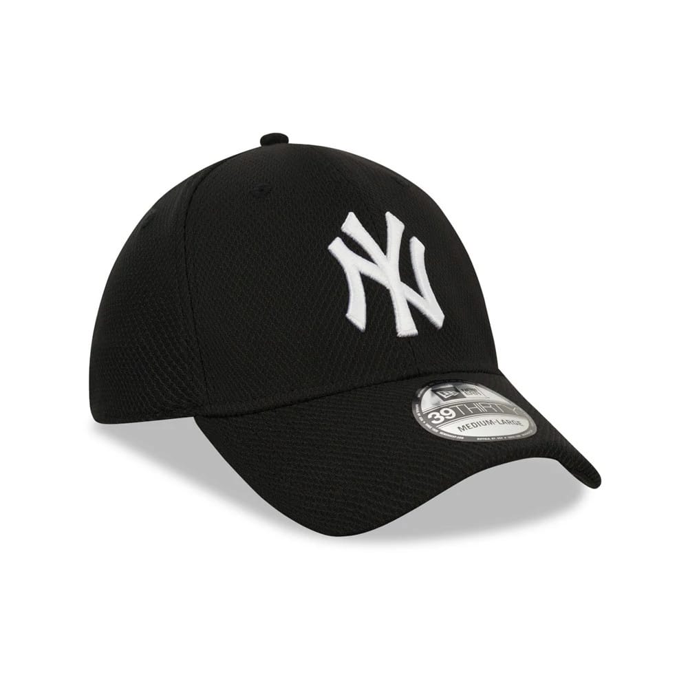 New York Yankees Black New Era 39THIRTY Cap, three-quarter view with a white raised embroidered NY logo on the front panel, curved black visor, and 39THIRTY size sticker on top of the visor.