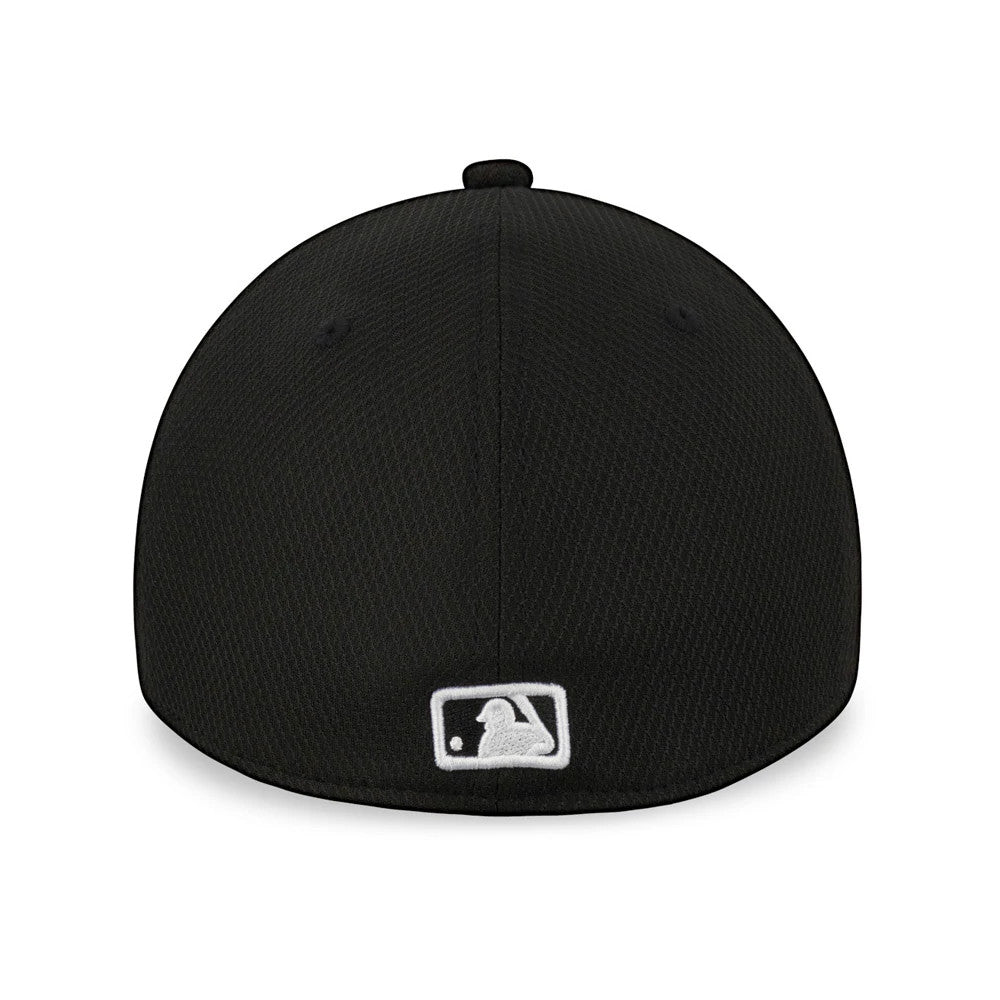 New York Yankees Black New Era 39THIRTY Cap, rear view showing the white embroidered MLB Batterman logo centred low on the structured black crown with a subtly textured finish and tonal eyelets.