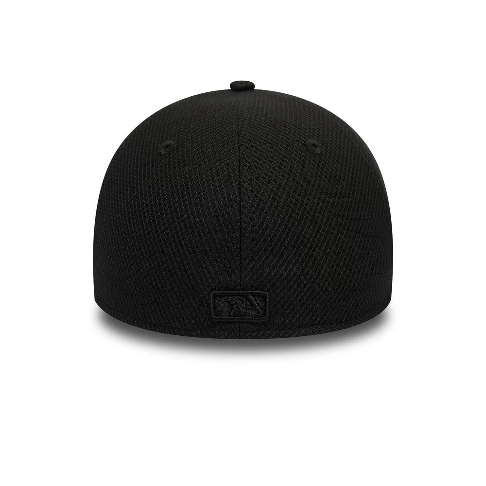 New York Yankees Diamond Era Black New Era 39THIRTY Cap, rear view showing the black embroidered MLB Batterman logo at the centre of the back panels, set low on the structured black crown.