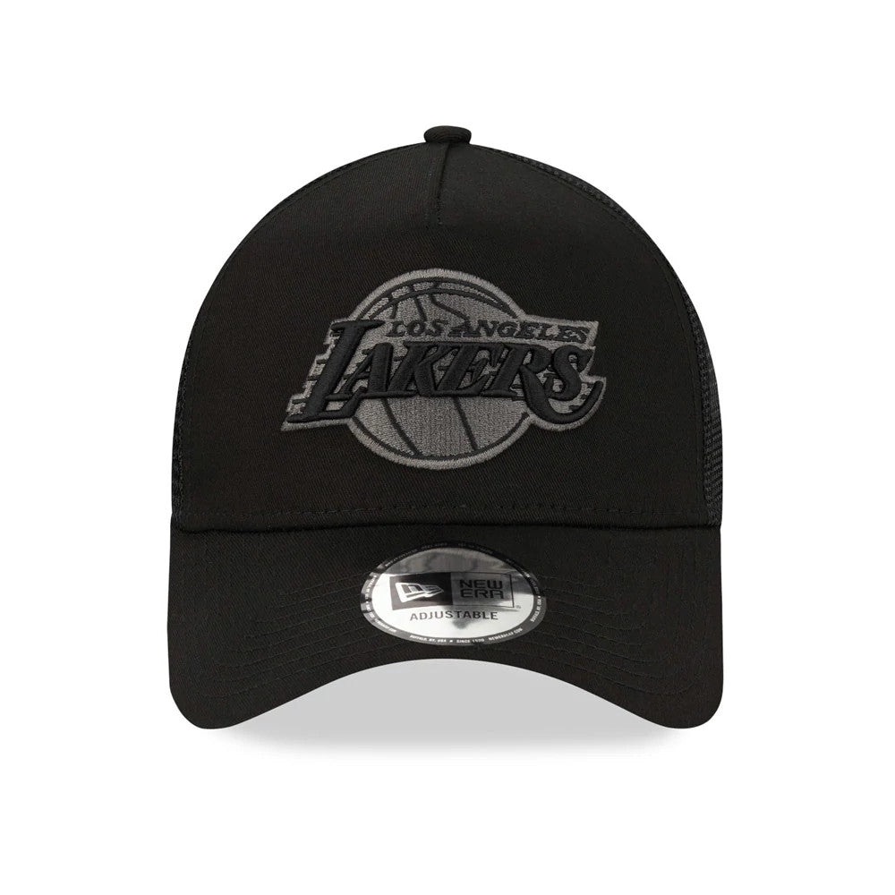 LA Lakers Tonal Black New Era A-Frame Trucker Cap, front view showing the raised grey LA Lakers logo on the front panel with a black curved visor and a 9FORTY size sticker at the centre.