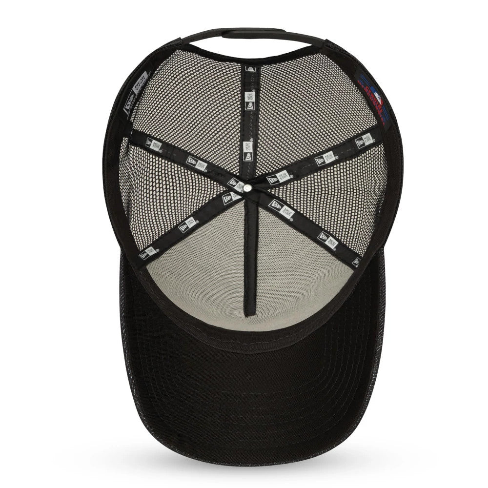 LA Dodgers Tonal Black New Era A-Frame Trucker Cap, inside view showing black taped seams with New Era logos, mesh panels, black sweatband, and the underside of the black curved visor.