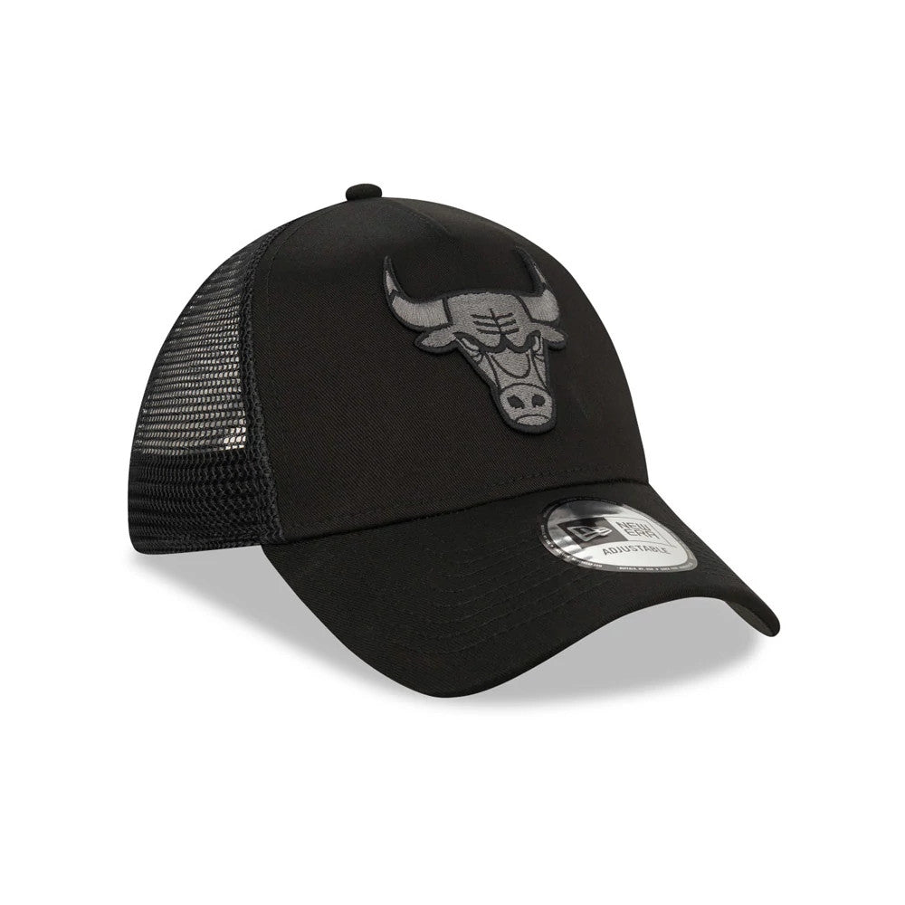 Chicago Bulls Tonal Black New Era A-Frame Trucker Cap, three-quarter view showing the grey embroidered Bulls logo on the front panel, a black mesh back, structured crown and the 9FORTY size sticker on the black visor.
