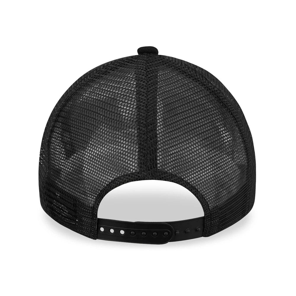 Chicago Bulls Tonal Black A-Frame Trucker Cap, rear view showing a black mesh back with structured panels and an adjustable snap closure, highlighting the classic trucker cap design.